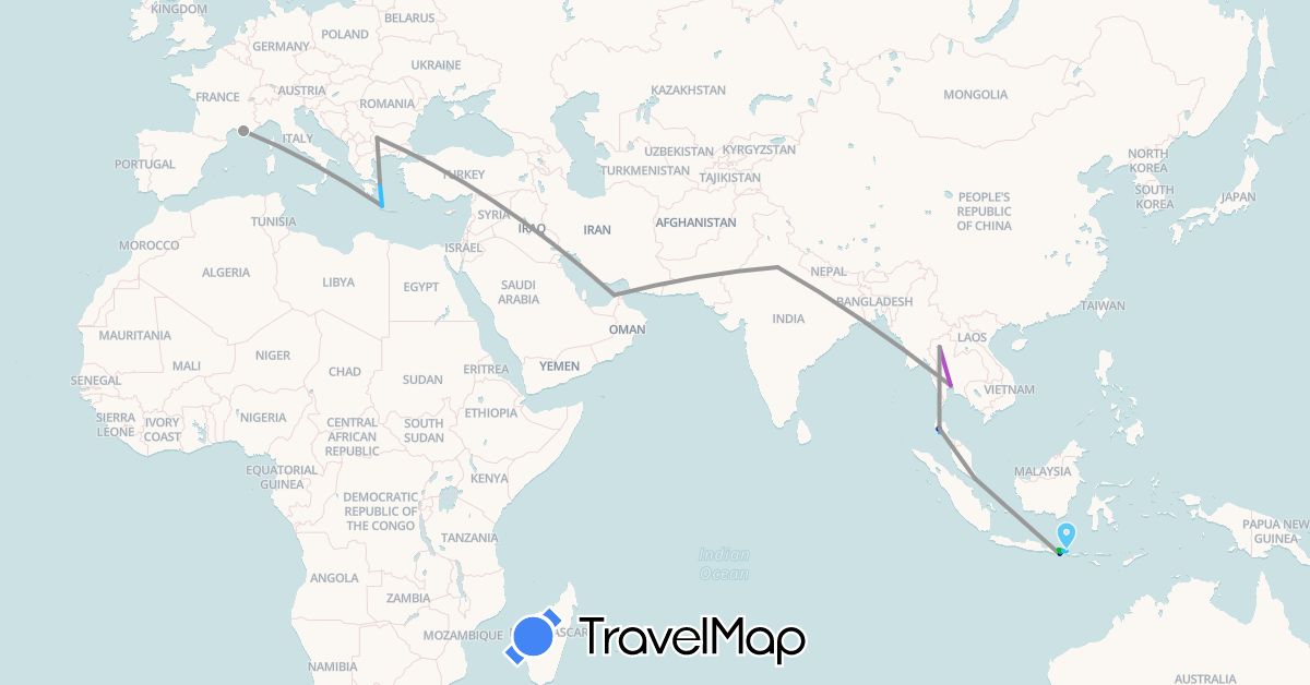 TravelMap itinerary: driving, bus, plane, train, hiking, boat in United Arab Emirates, Bulgaria, France, Greece, Indonesia, India, Singapore, Thailand (Asia, Europe)
